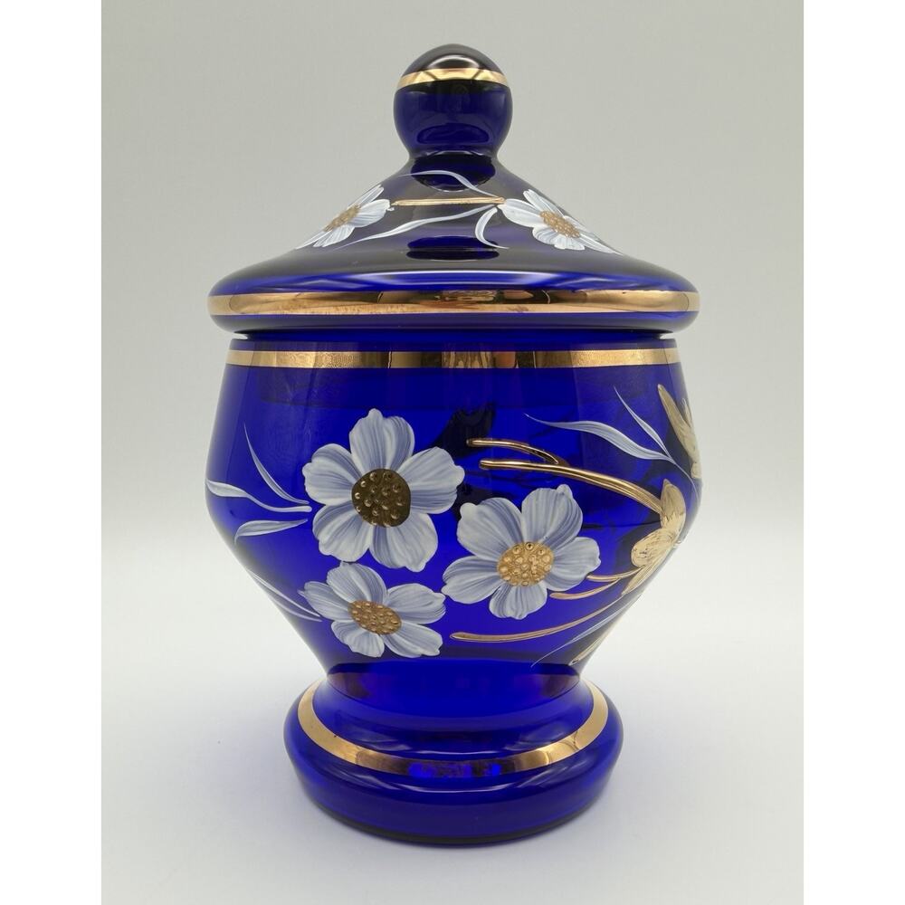 Czech Bohemia Cobalt Blue Lidded Candy Dish 7” Hand Painted Florals Gold Accent
